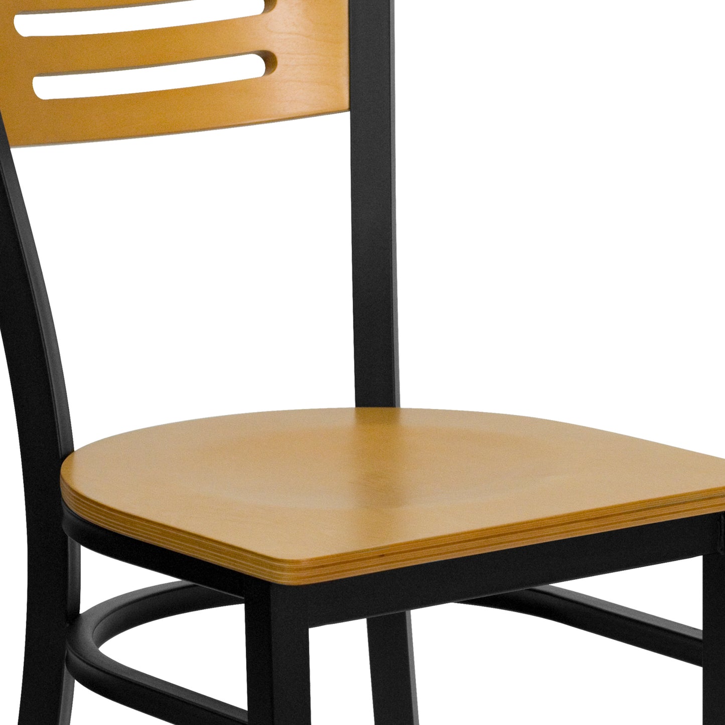 HERCULES Series Black Slat Back Metal Restaurant Chair - Natural Wood Back & Seat Natural Wood Back/Natural Wood Seat/Black Metal Frame