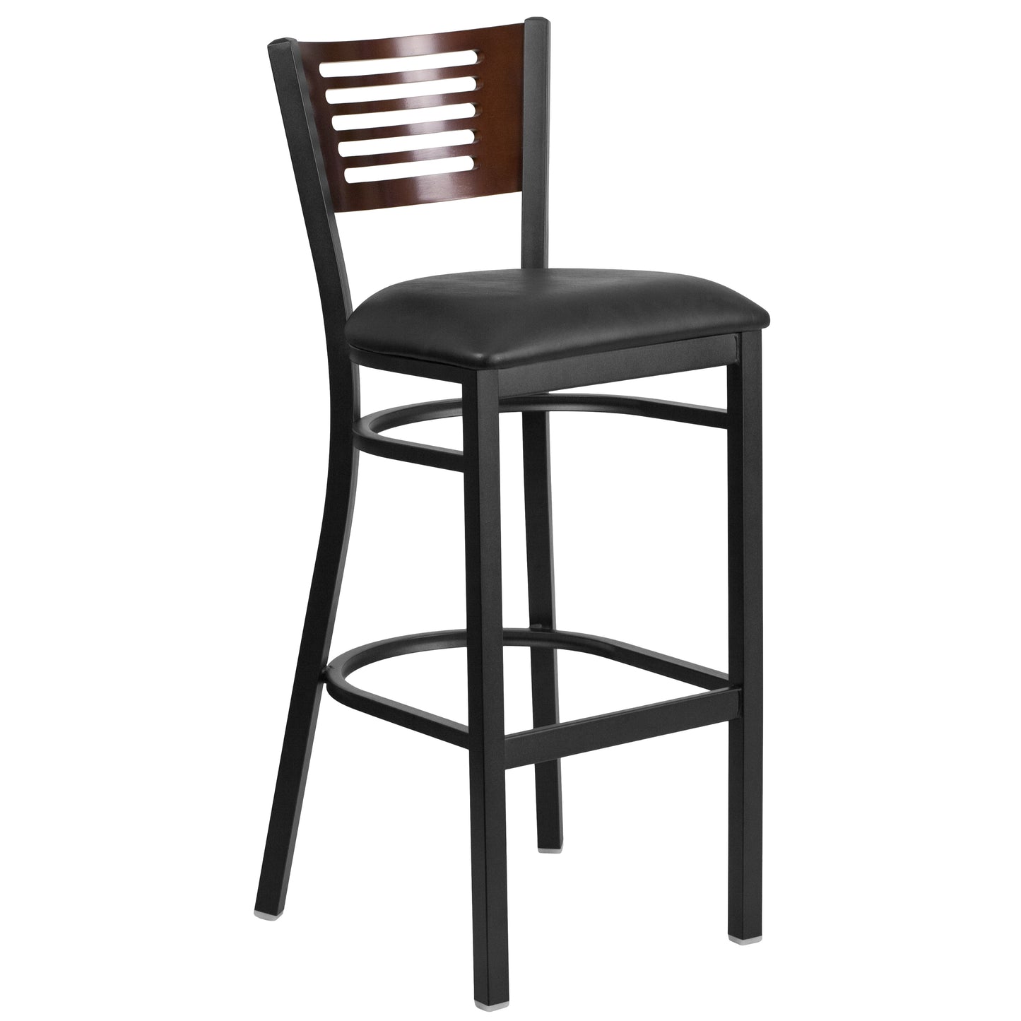 HERCULES Series Black Slat Back Metal Restaurant Barstool - Walnut Wood Back, Black Vinyl Seat Walnut Wood Back/Black Vinyl Seat/Black Metal Frame
