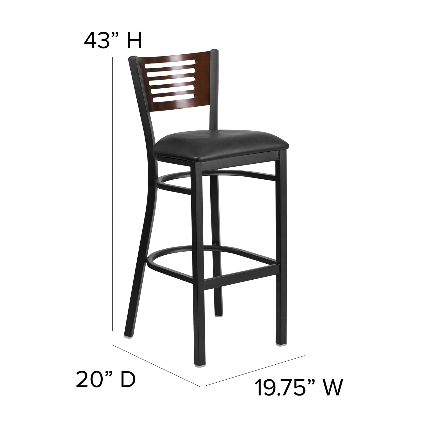 HERCULES Series Black Slat Back Metal Restaurant Barstool - Walnut Wood Back, Black Vinyl Seat Walnut Wood Back/Black Vinyl Seat/Black Metal Frame