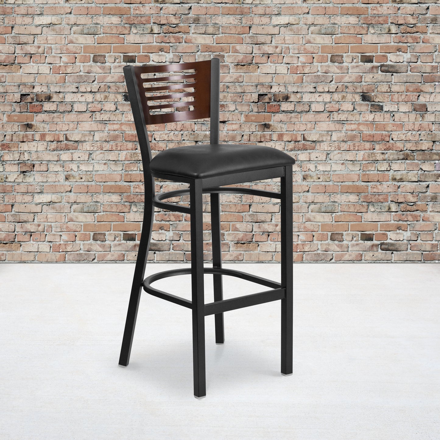 HERCULES Series Black Slat Back Metal Restaurant Barstool - Walnut Wood Back, Black Vinyl Seat Walnut Wood Back/Black Vinyl Seat/Black Metal Frame