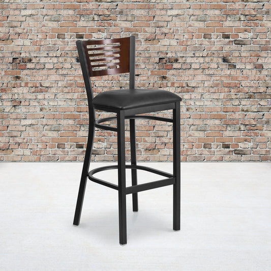 HERCULES Series Black Slat Back Metal Restaurant Barstool - Walnut Wood Back, Black Vinyl Seat Walnut Wood Back/Black Vinyl Seat/Black Metal Frame