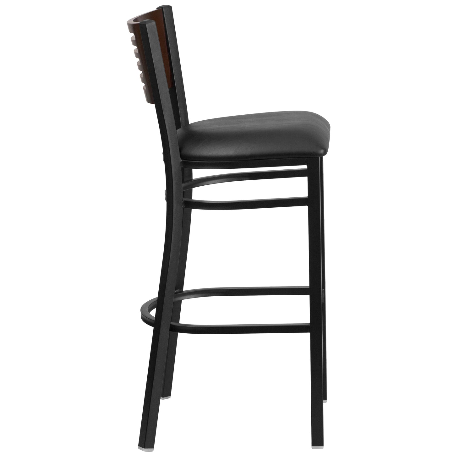 HERCULES Series Black Slat Back Metal Restaurant Barstool - Walnut Wood Back, Black Vinyl Seat Walnut Wood Back/Black Vinyl Seat/Black Metal Frame