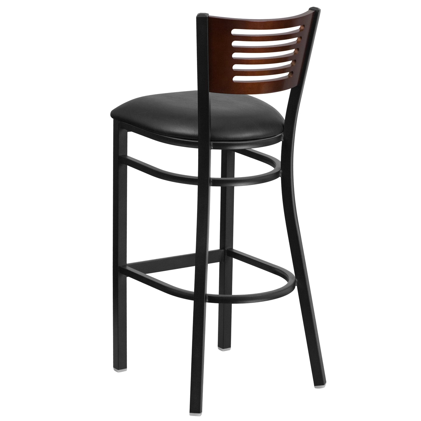 HERCULES Series Black Slat Back Metal Restaurant Barstool - Walnut Wood Back, Black Vinyl Seat Walnut Wood Back/Black Vinyl Seat/Black Metal Frame