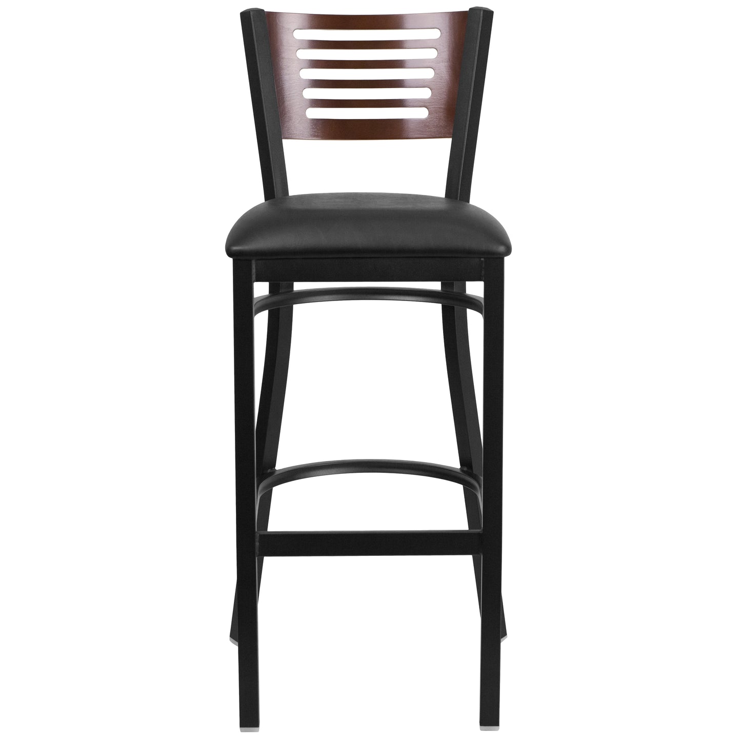 HERCULES Series Black Slat Back Metal Restaurant Barstool - Walnut Wood Back, Black Vinyl Seat Walnut Wood Back/Black Vinyl Seat/Black Metal Frame