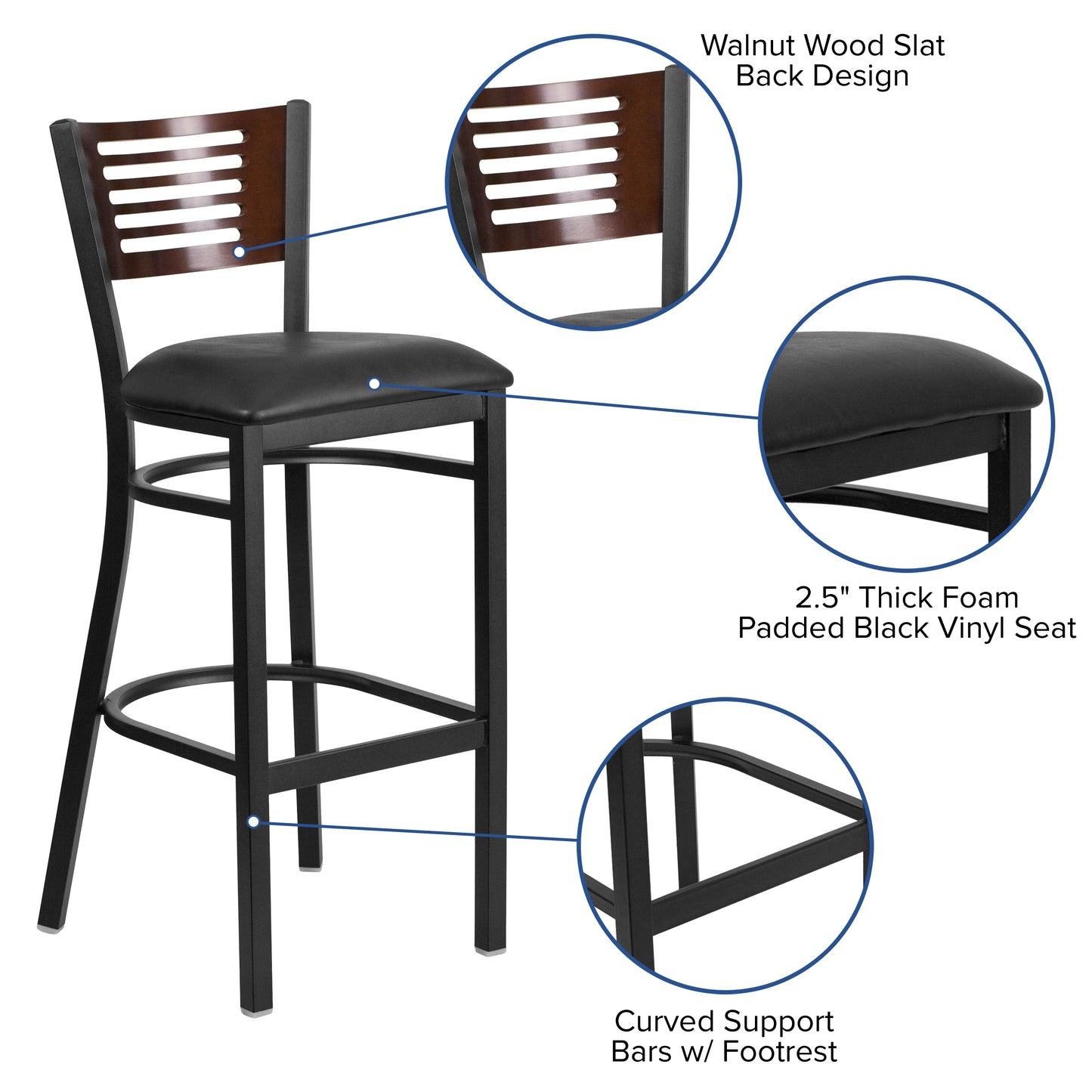 HERCULES Series Black Slat Back Metal Restaurant Barstool - Walnut Wood Back, Black Vinyl Seat Walnut Wood Back/Black Vinyl Seat/Black Metal Frame