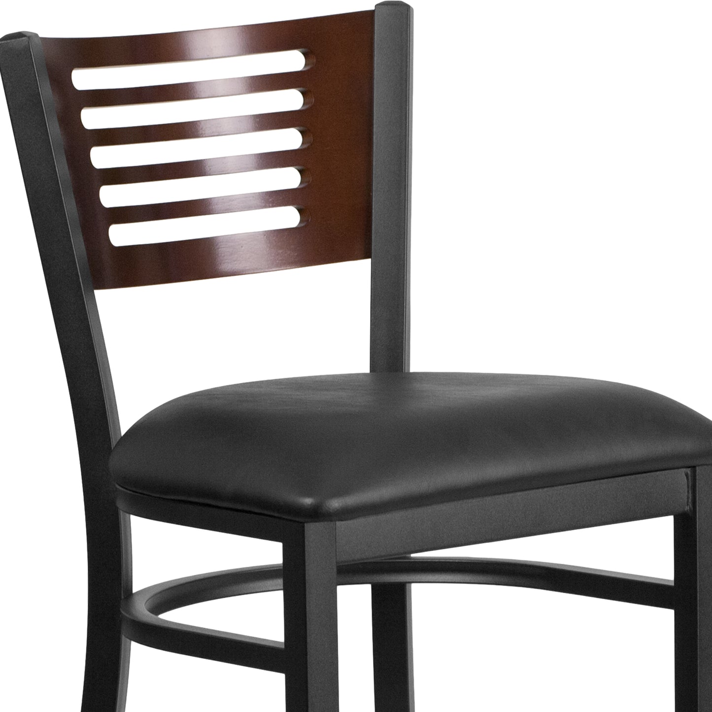 HERCULES Series Black Slat Back Metal Restaurant Barstool - Walnut Wood Back, Black Vinyl Seat Walnut Wood Back/Black Vinyl Seat/Black Metal Frame
