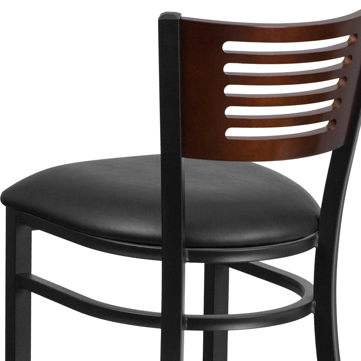 HERCULES Series Black Slat Back Metal Restaurant Barstool - Walnut Wood Back, Black Vinyl Seat Walnut Wood Back/Black Vinyl Seat/Black Metal Frame
