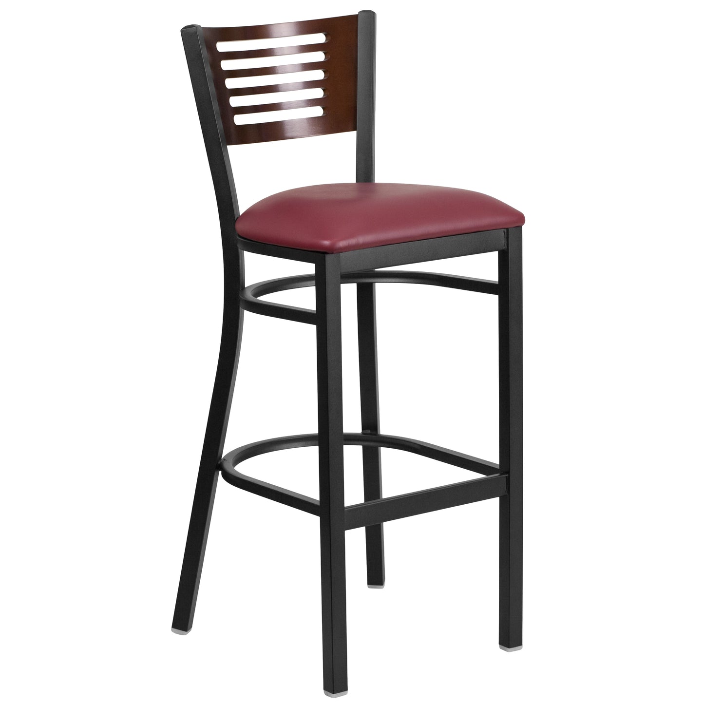 HERCULES Series Black Slat Back Metal Restaurant Barstool - Walnut Wood Back, Burgundy Vinyl Seat Walnut Wood Back/Burgundy Vinyl Seat/Black Metal Frame