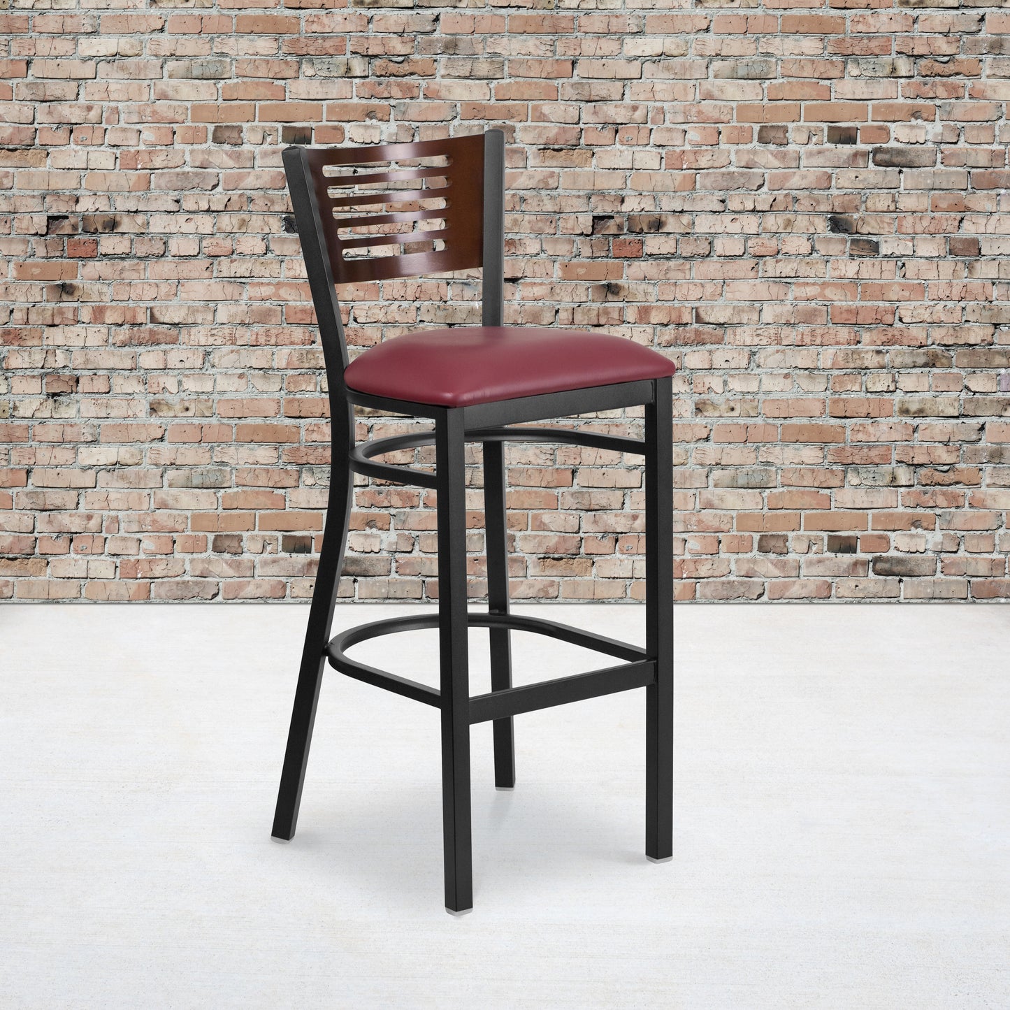 HERCULES Series Black Slat Back Metal Restaurant Barstool - Walnut Wood Back, Burgundy Vinyl Seat Walnut Wood Back/Burgundy Vinyl Seat/Black Metal Frame
