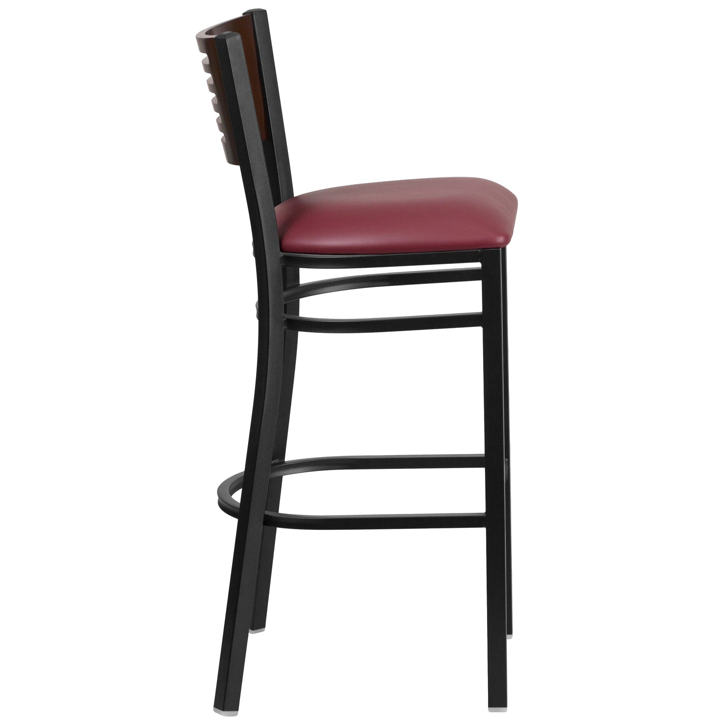 HERCULES Series Black Slat Back Metal Restaurant Barstool - Walnut Wood Back, Burgundy Vinyl Seat Walnut Wood Back/Burgundy Vinyl Seat/Black Metal Frame