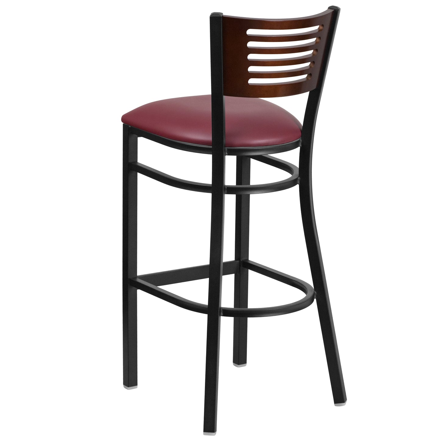 HERCULES Series Black Slat Back Metal Restaurant Barstool - Walnut Wood Back, Burgundy Vinyl Seat Walnut Wood Back/Burgundy Vinyl Seat/Black Metal Frame