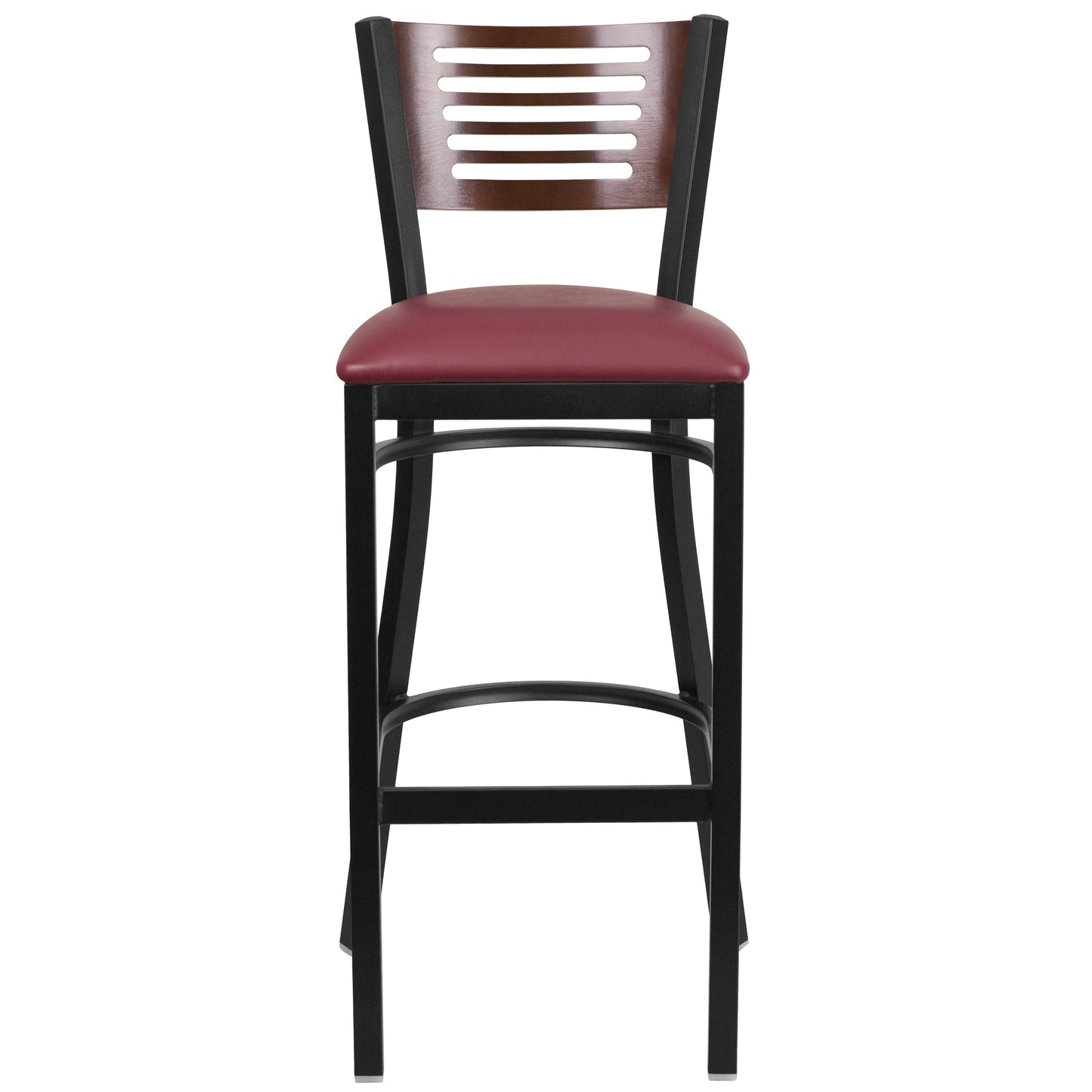 HERCULES Series Black Slat Back Metal Restaurant Barstool - Walnut Wood Back, Burgundy Vinyl Seat Walnut Wood Back/Burgundy Vinyl Seat/Black Metal Frame