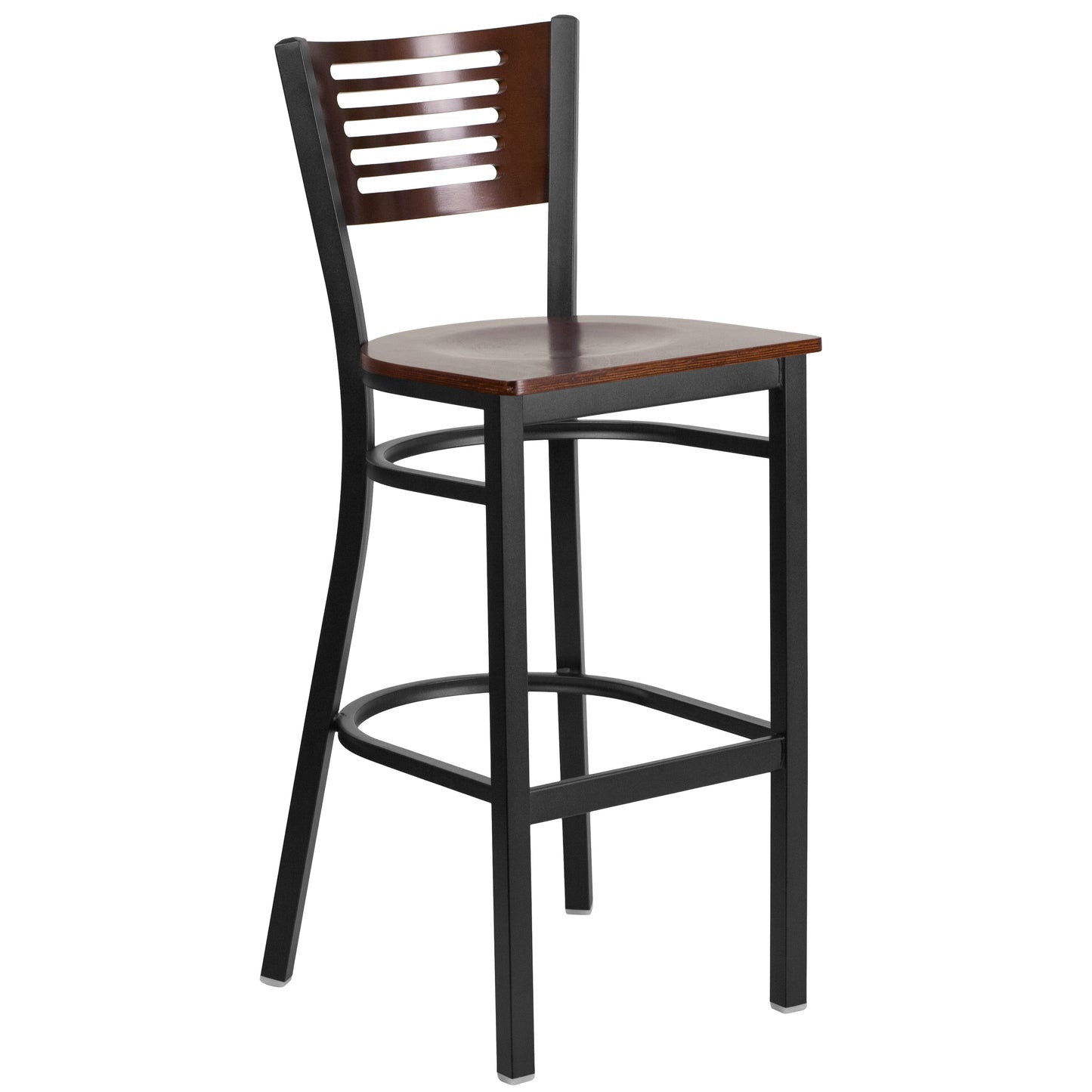 HERCULES Series Black Slat Back Metal Restaurant Barstool - Walnut Wood Back & Seat Walnut Wood Back/Walnut Wood Seat/Black Metal Frame