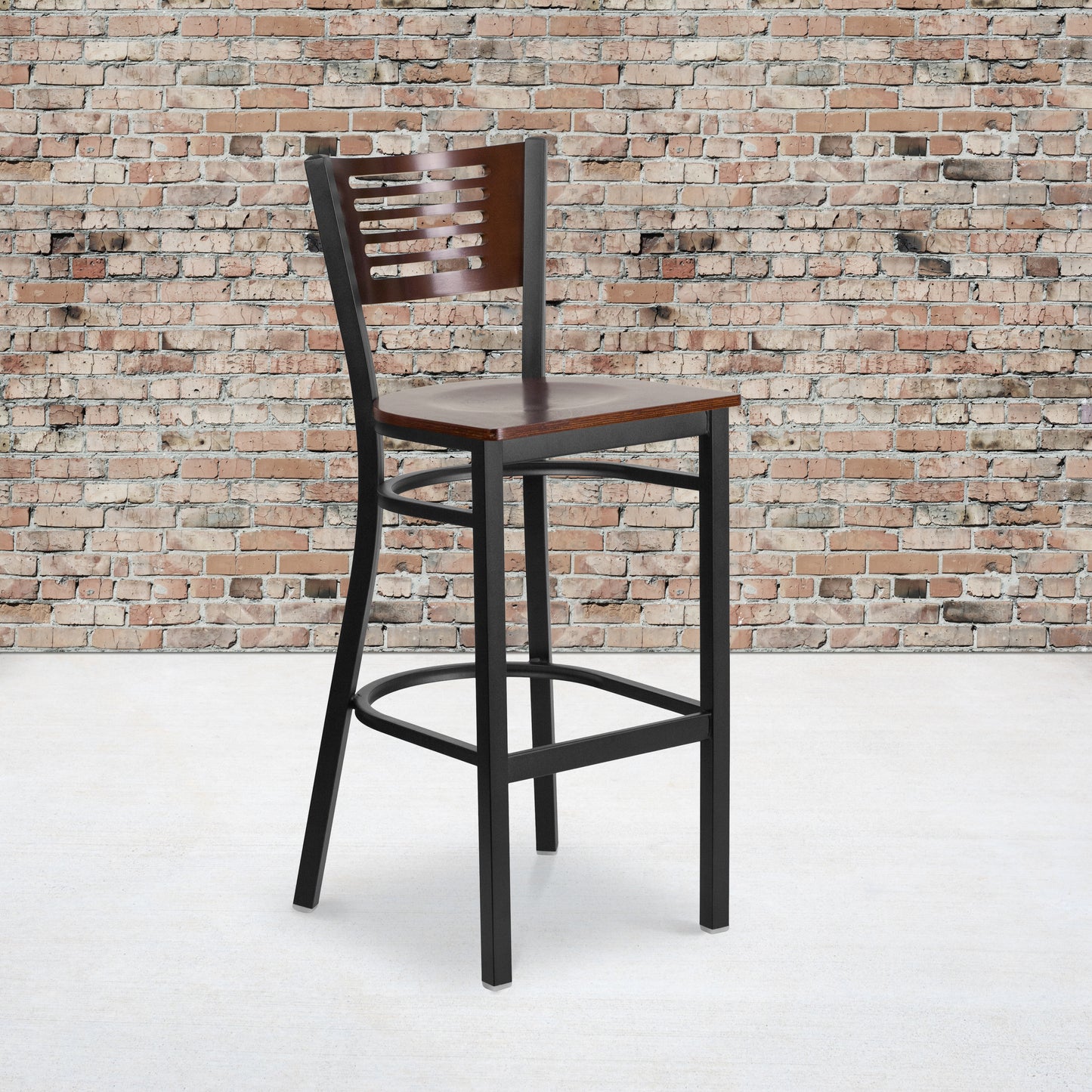 HERCULES Series Black Slat Back Metal Restaurant Barstool - Walnut Wood Back & Seat Walnut Wood Back/Walnut Wood Seat/Black Metal Frame