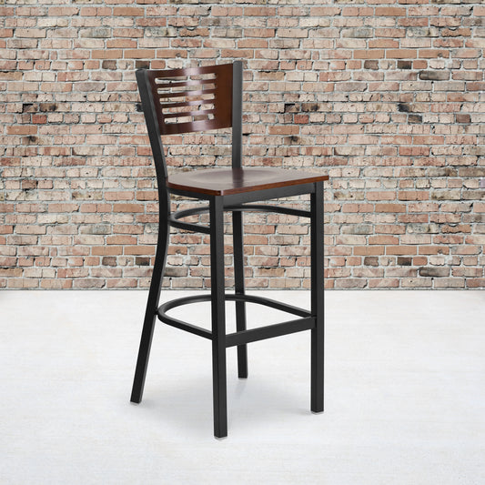HERCULES Series Black Slat Back Metal Restaurant Barstool - Walnut Wood Back & Seat Walnut Wood Back/Walnut Wood Seat/Black Metal Frame