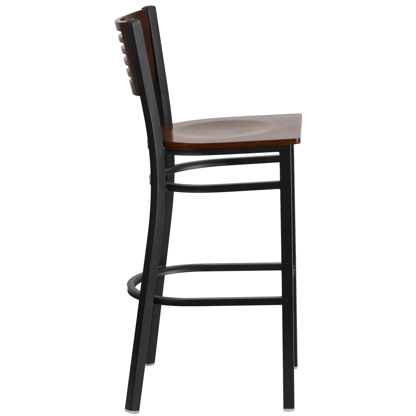 HERCULES Series Black Slat Back Metal Restaurant Barstool - Walnut Wood Back & Seat Walnut Wood Back/Walnut Wood Seat/Black Metal Frame