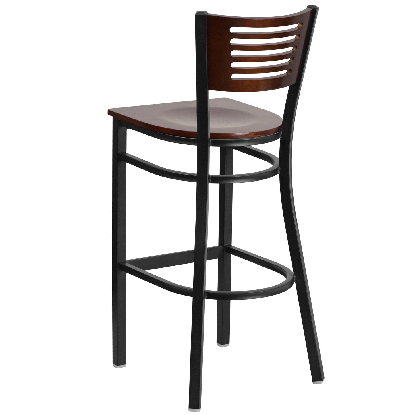 HERCULES Series Black Slat Back Metal Restaurant Barstool - Walnut Wood Back & Seat Walnut Wood Back/Walnut Wood Seat/Black Metal Frame