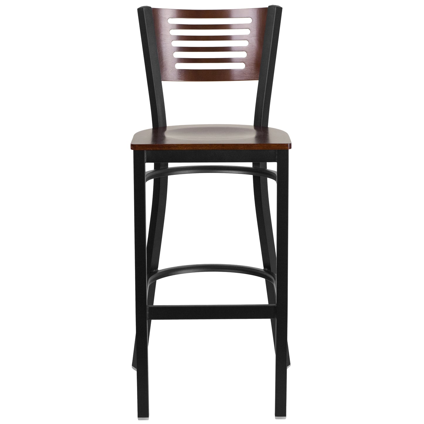 HERCULES Series Black Slat Back Metal Restaurant Barstool - Walnut Wood Back & Seat Walnut Wood Back/Walnut Wood Seat/Black Metal Frame