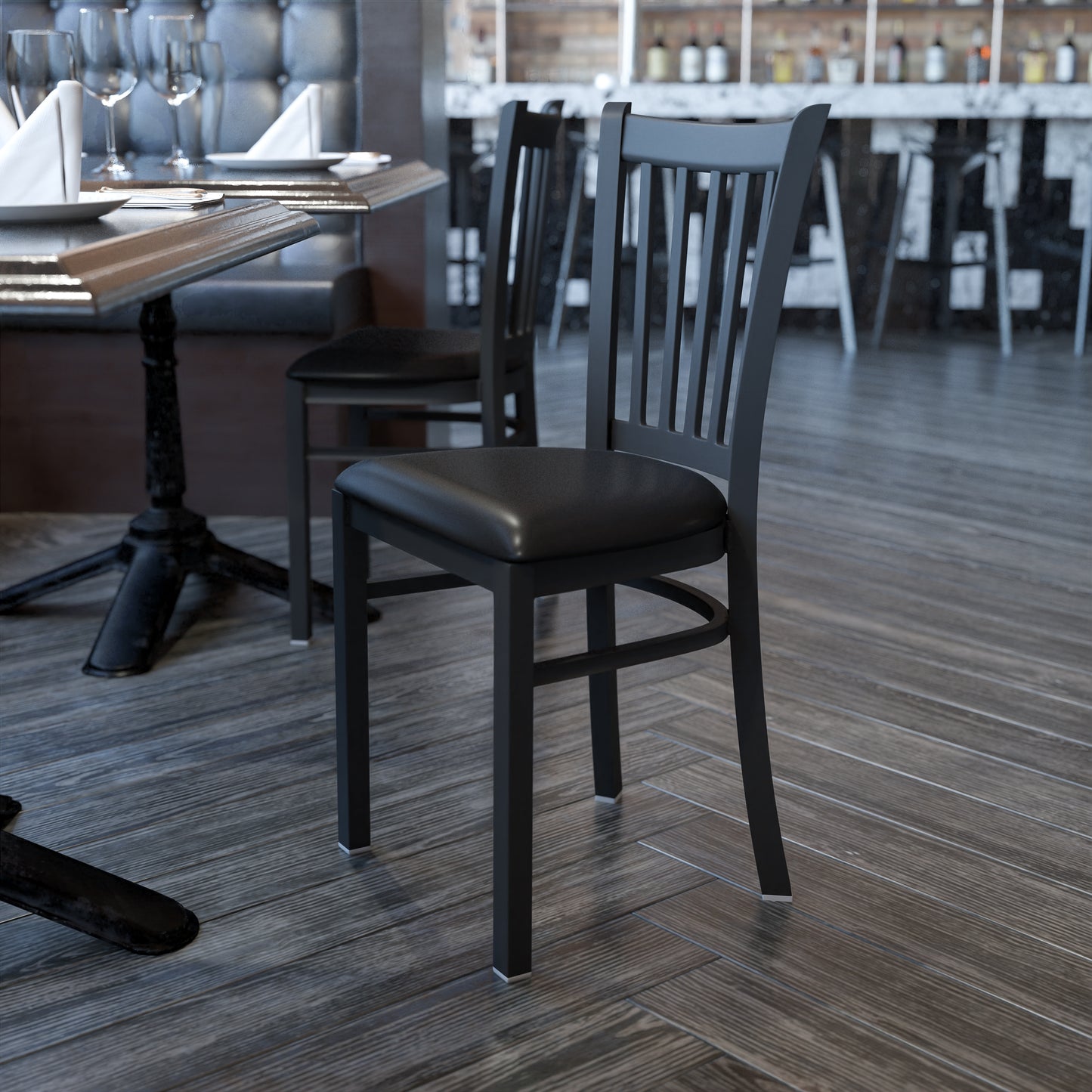 HERCULES Series Black Vertical Back Metal Restaurant Chair - Black Vinyl Seat Black Vinyl Seat/Black Metal Frame
