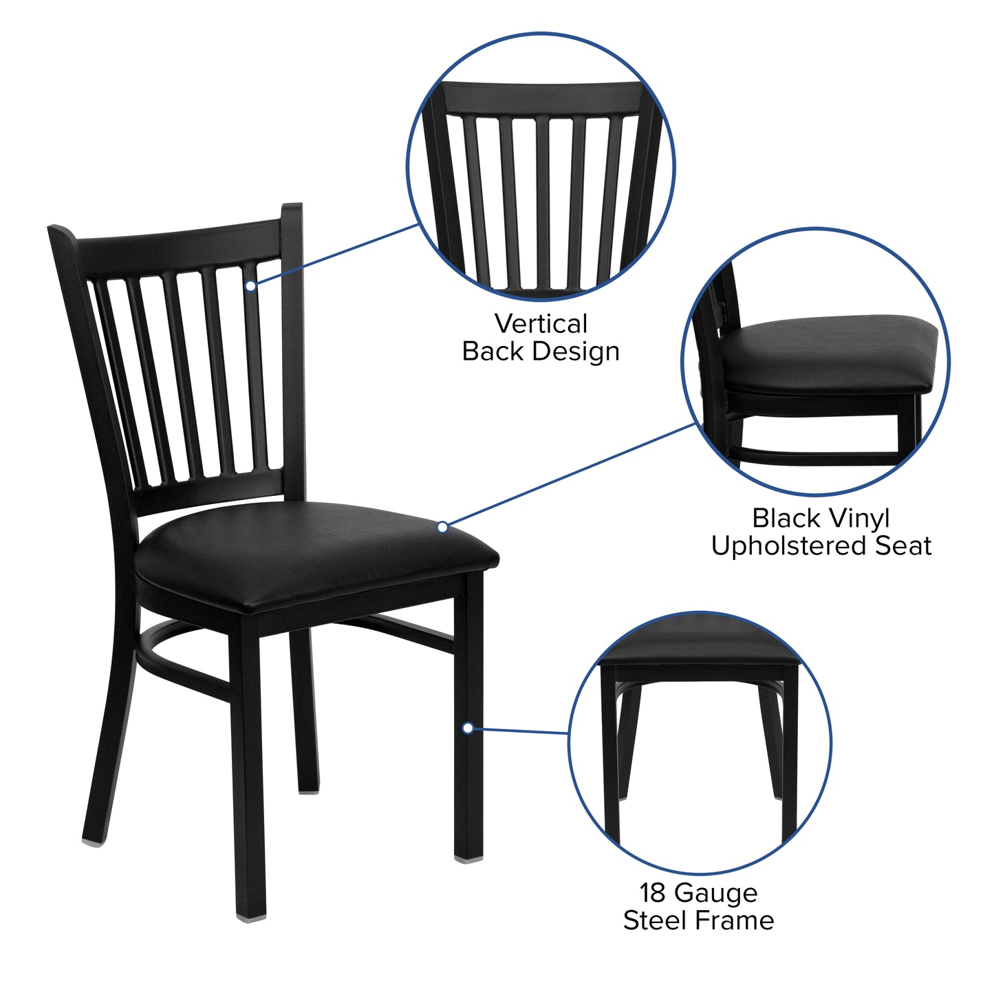 HERCULES Series Black Vertical Back Metal Restaurant Chair - Black Vinyl Seat Black Vinyl Seat/Black Metal Frame