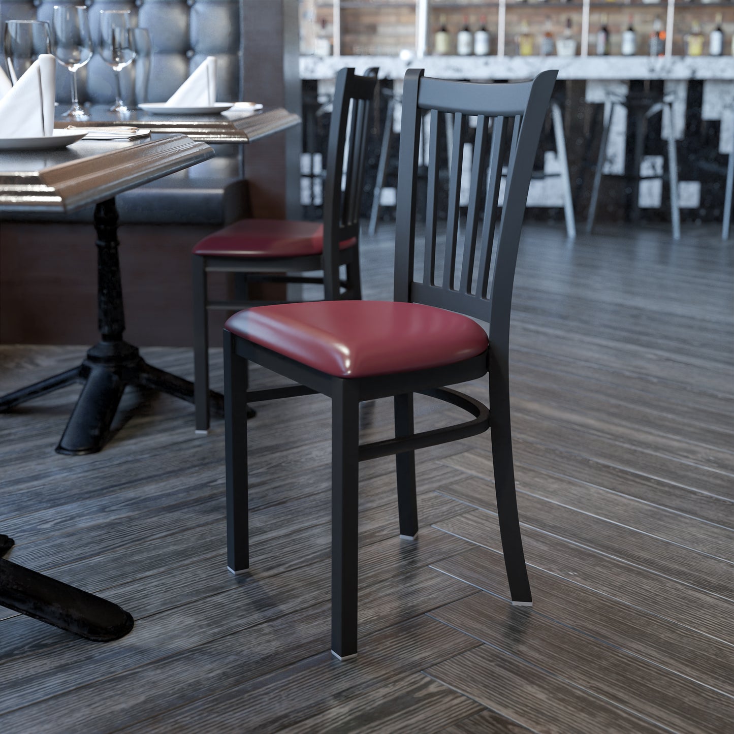 HERCULES Series Black Vertical Back Metal Restaurant Chair - Burgundy Vinyl Seat Burgundy Vinyl Seat/Black Metal Frame