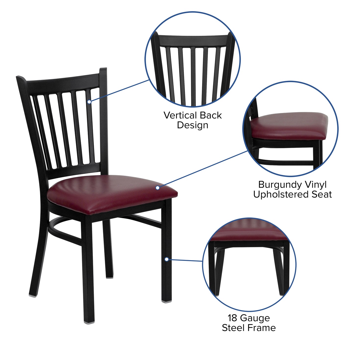 HERCULES Series Black Vertical Back Metal Restaurant Chair - Burgundy Vinyl Seat Burgundy Vinyl Seat/Black Metal Frame