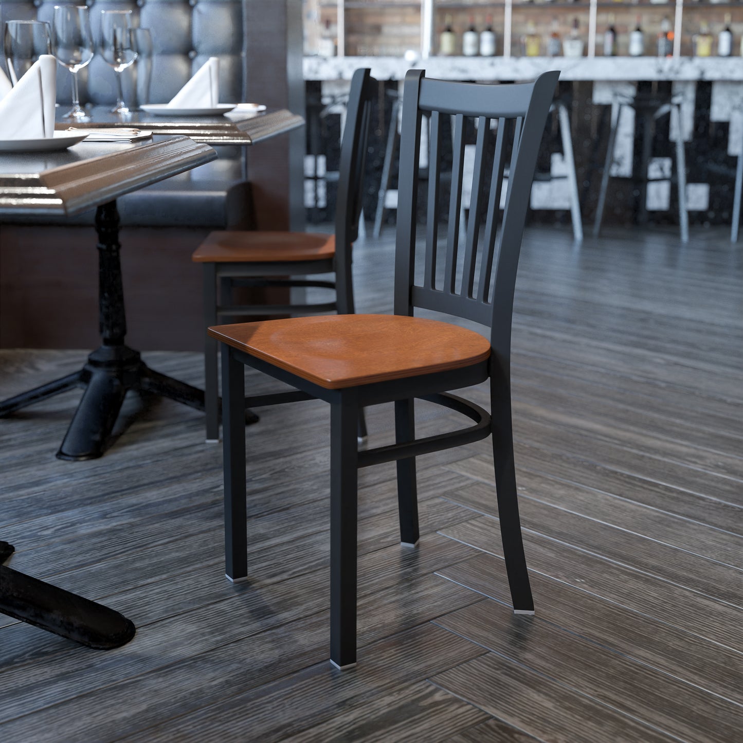 HERCULES Series Black Vertical Back Metal Restaurant Chair - Cherry Wood Seat Cherry Wood Seat/Black Metal Frame
