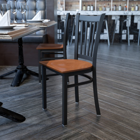 HERCULES Series Black Vertical Back Metal Restaurant Chair - Cherry Wood Seat Cherry Wood Seat/Black Metal Frame