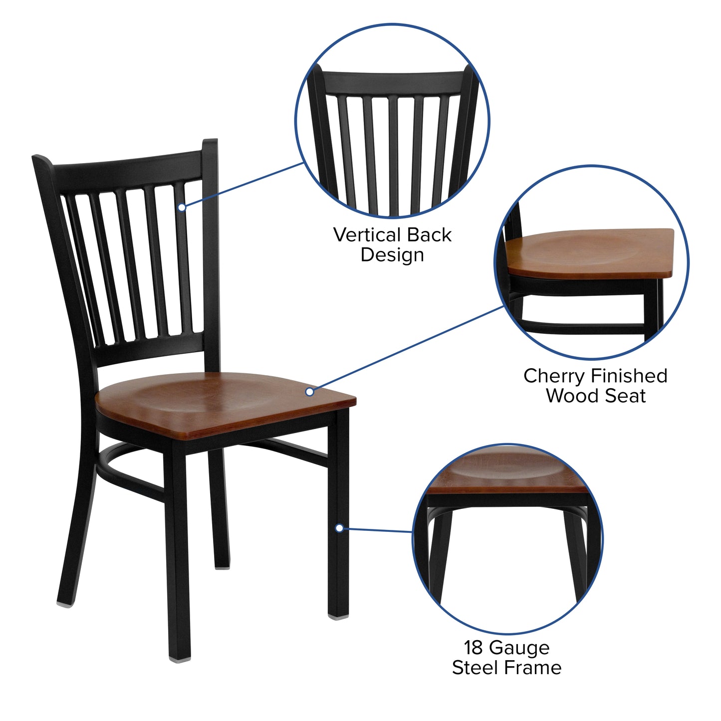 HERCULES Series Black Vertical Back Metal Restaurant Chair - Cherry Wood Seat Cherry Wood Seat/Black Metal Frame