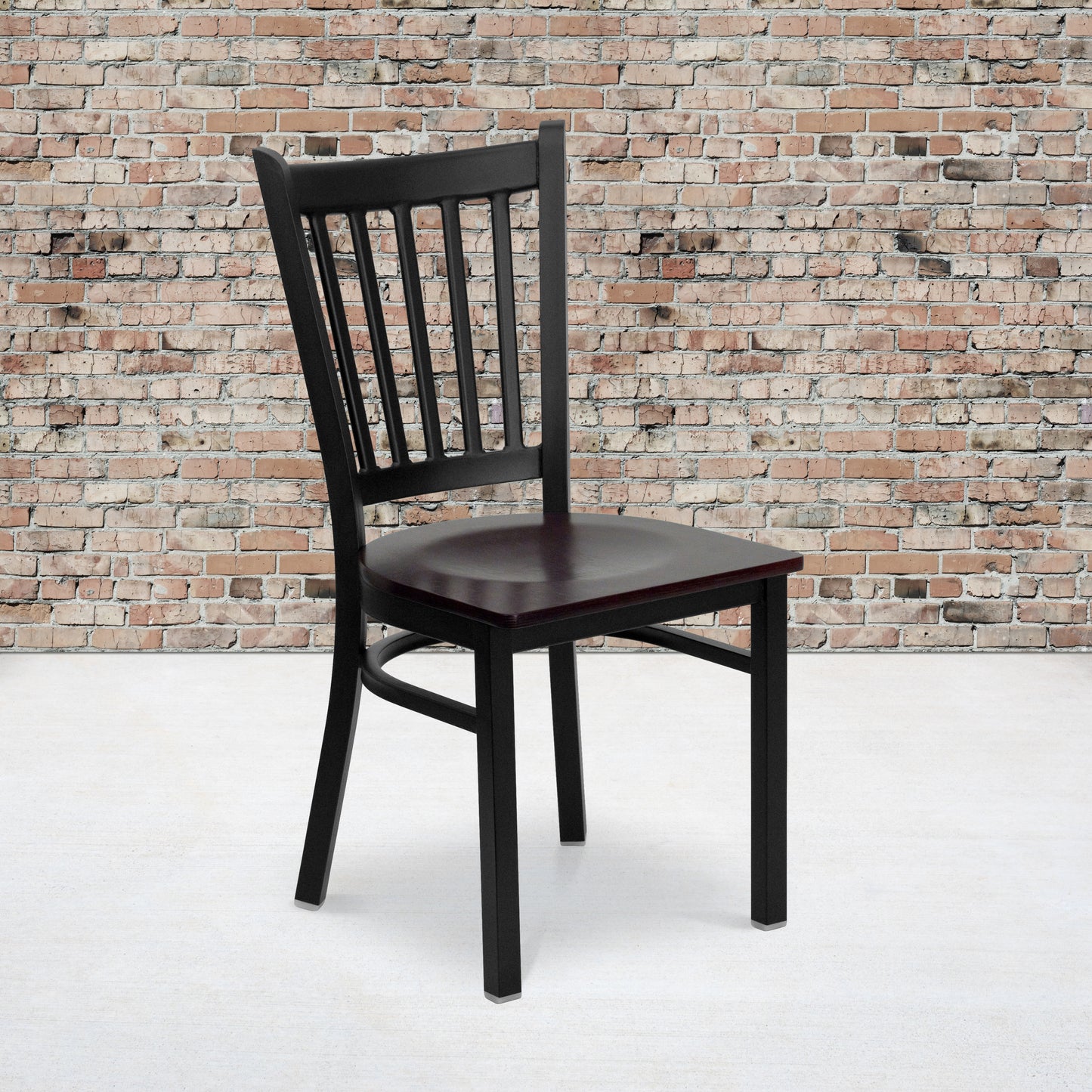 HERCULES Series Black Vertical Back Metal Restaurant Chair - Mahogany Wood Seat Mahogany Wood Seat/Black Metal Frame