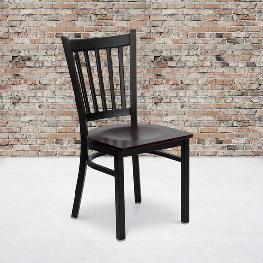 HERCULES Series Black Vertical Back Metal Restaurant Chair - Mahogany Wood Seat Mahogany Wood Seat/Black Metal Frame