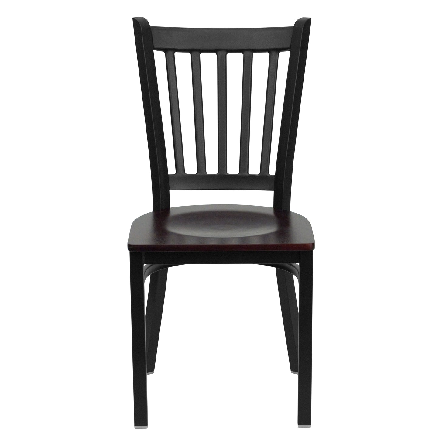 HERCULES Series Black Vertical Back Metal Restaurant Chair - Mahogany Wood Seat Mahogany Wood Seat/Black Metal Frame
