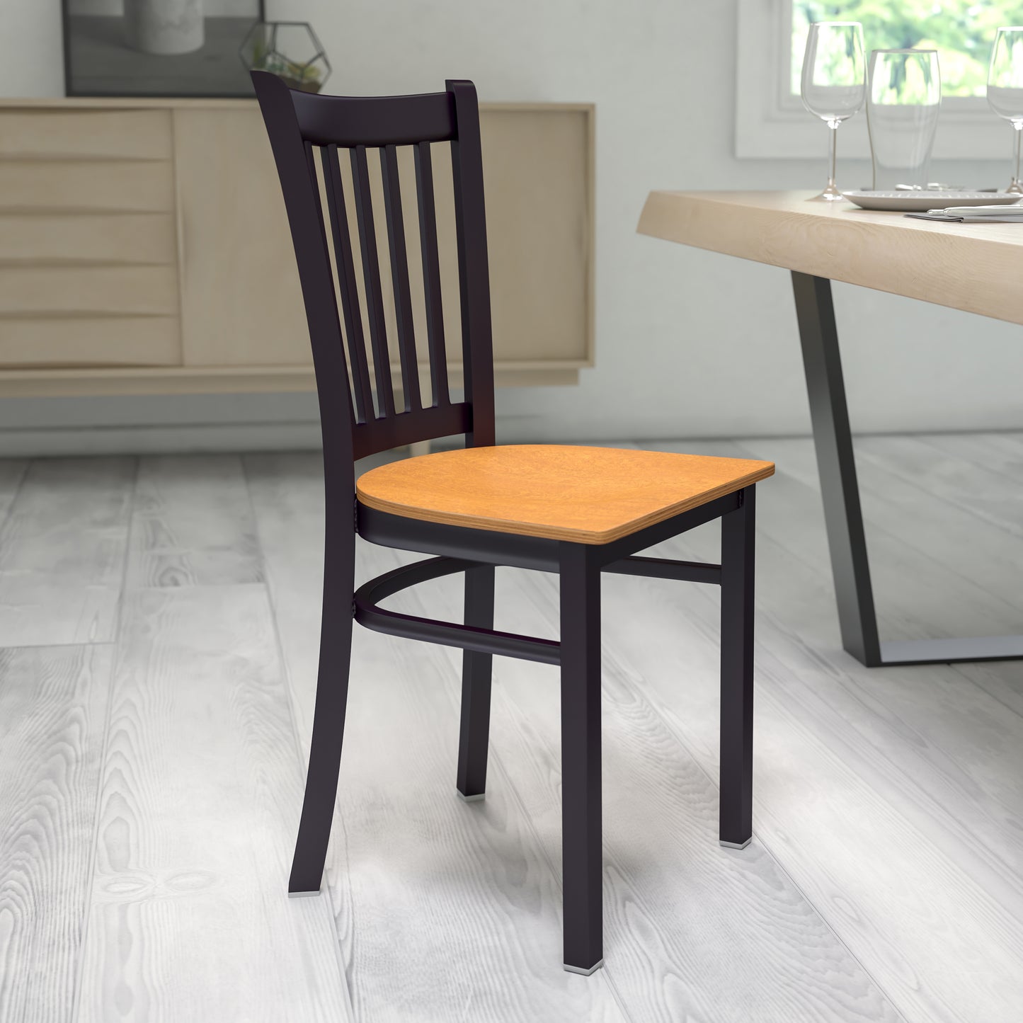 HERCULES Series Black Vertical Back Metal Restaurant Chair - Natural Wood Seat Natural Wood Seat/Black Metal Frame