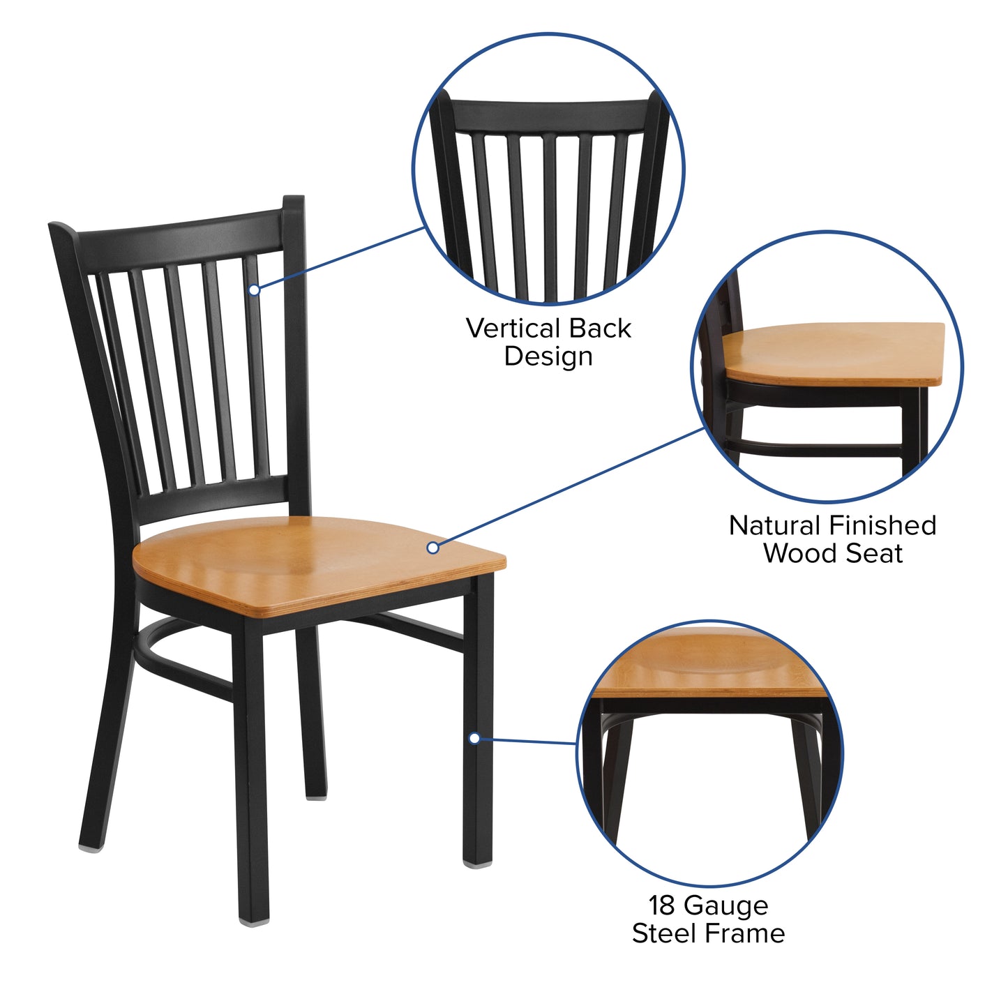 HERCULES Series Black Vertical Back Metal Restaurant Chair - Natural Wood Seat Natural Wood Seat/Black Metal Frame