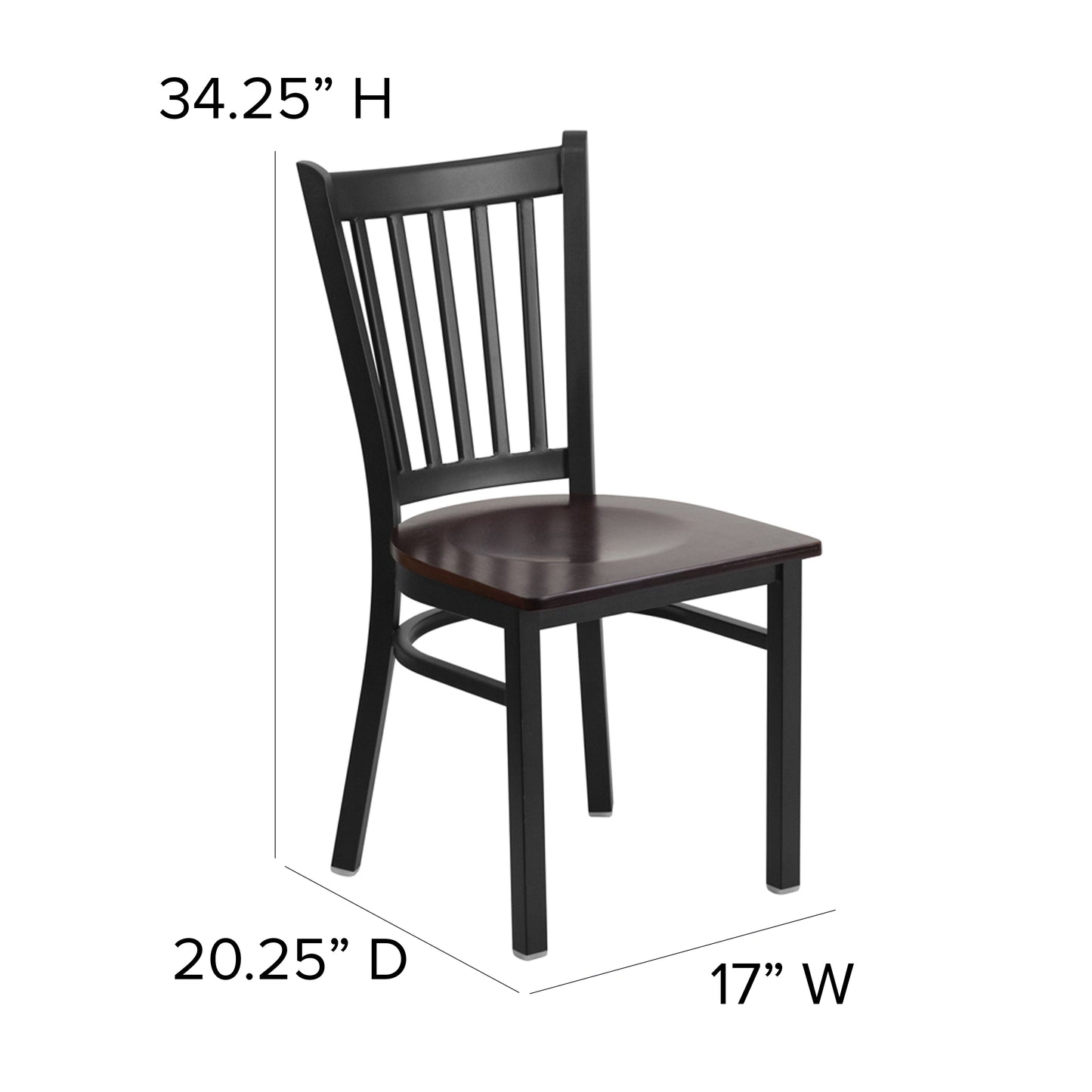 HERCULES Series Black Vertical Back Metal Restaurant Chair - Walnut Wood Seat Walnut Wood Seat/Black Metal Frame