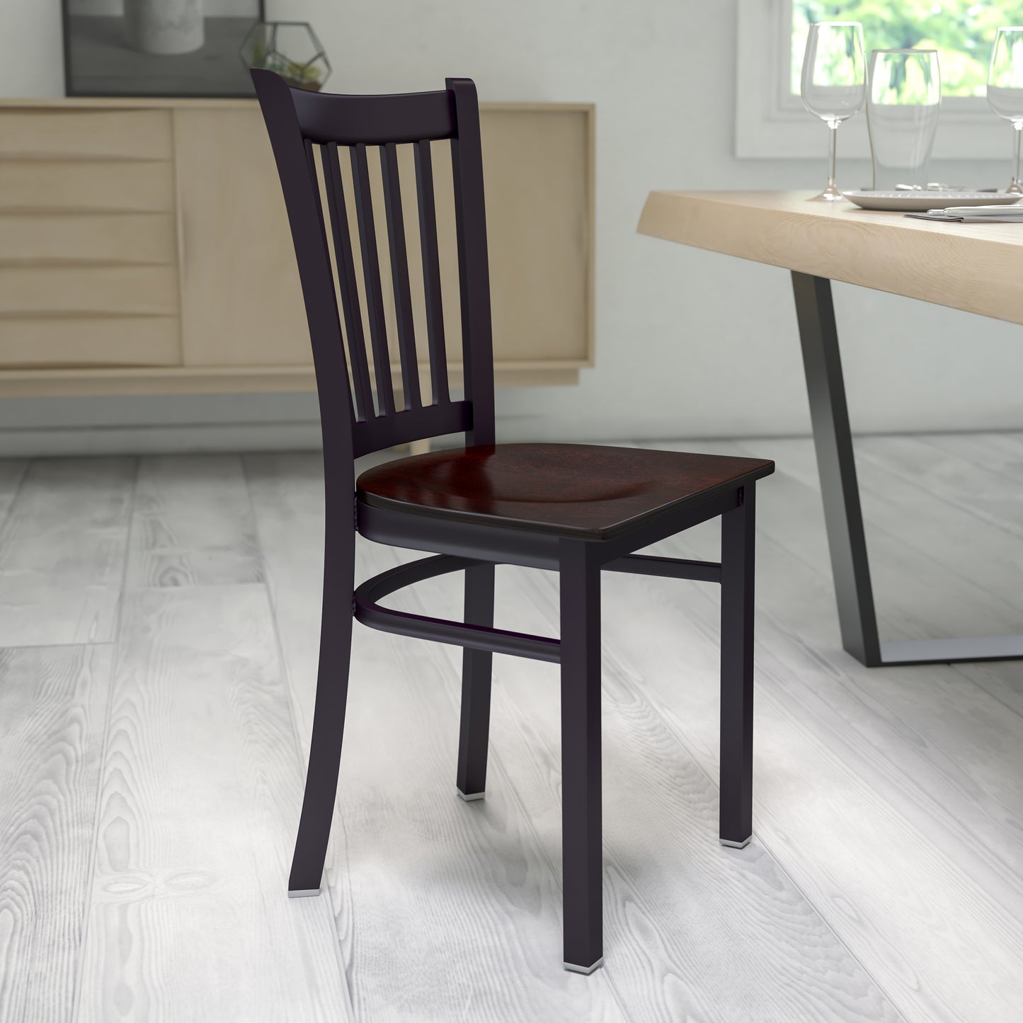 HERCULES Series Black Vertical Back Metal Restaurant Chair - Walnut Wood Seat Walnut Wood Seat/Black Metal Frame