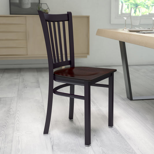 HERCULES Series Black Vertical Back Metal Restaurant Chair - Walnut Wood Seat Walnut Wood Seat/Black Metal Frame