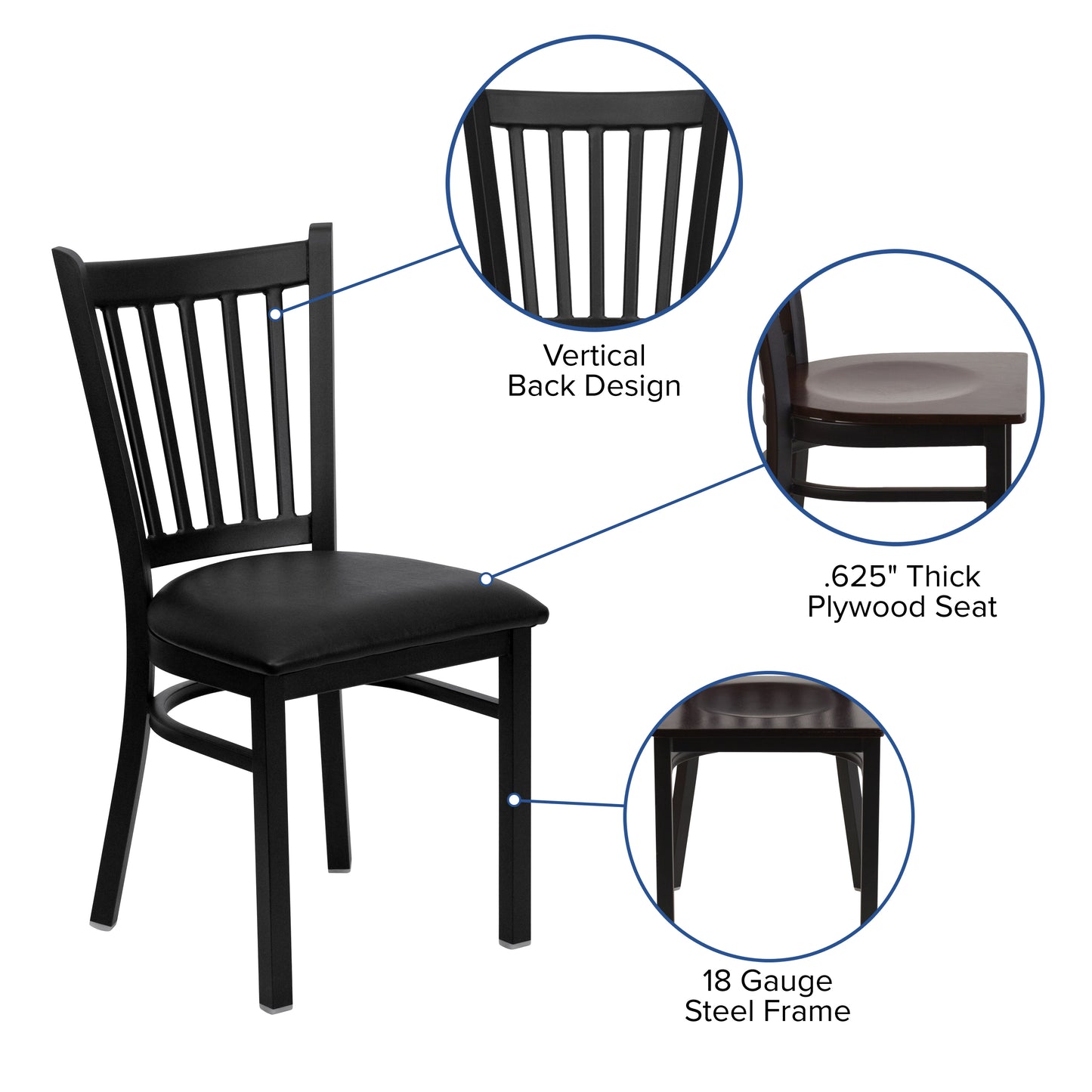HERCULES Series Black Vertical Back Metal Restaurant Chair - Walnut Wood Seat Walnut Wood Seat/Black Metal Frame