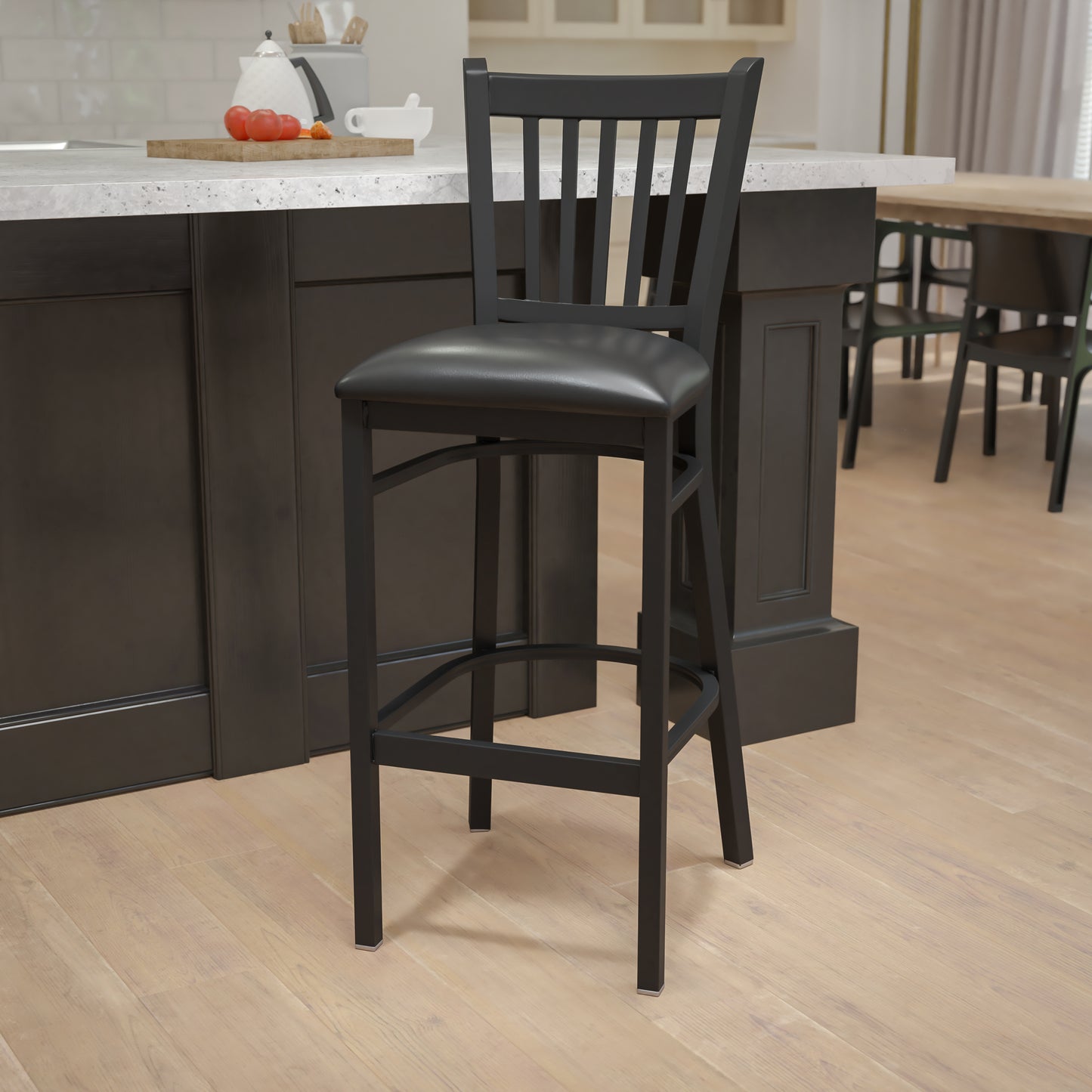HERCULES Series Black Vertical Back Metal Restaurant Barstool - Black Vinyl Seat Black Vinyl Seat/Black Metal Frame