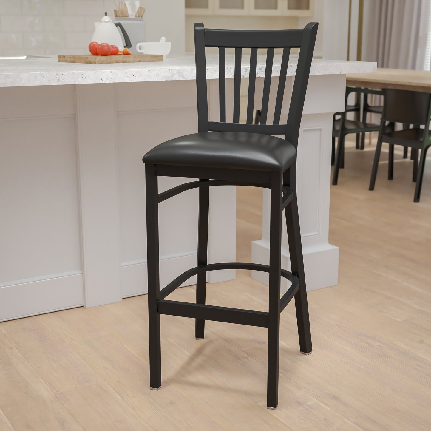 HERCULES Series Black Vertical Back Metal Restaurant Barstool - Black Vinyl Seat Black Vinyl Seat/Black Metal Frame