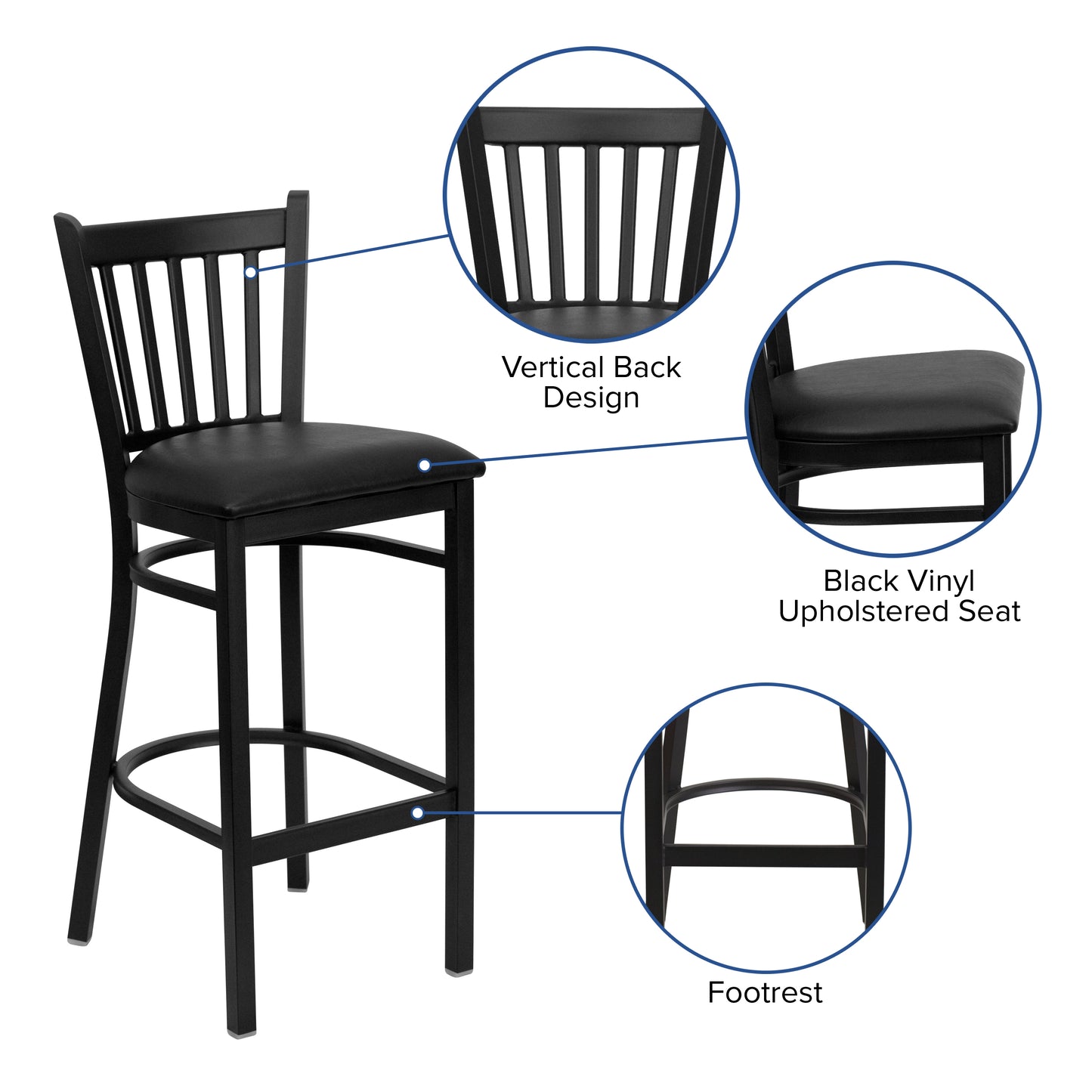 HERCULES Series Black Vertical Back Metal Restaurant Barstool - Black Vinyl Seat Black Vinyl Seat/Black Metal Frame