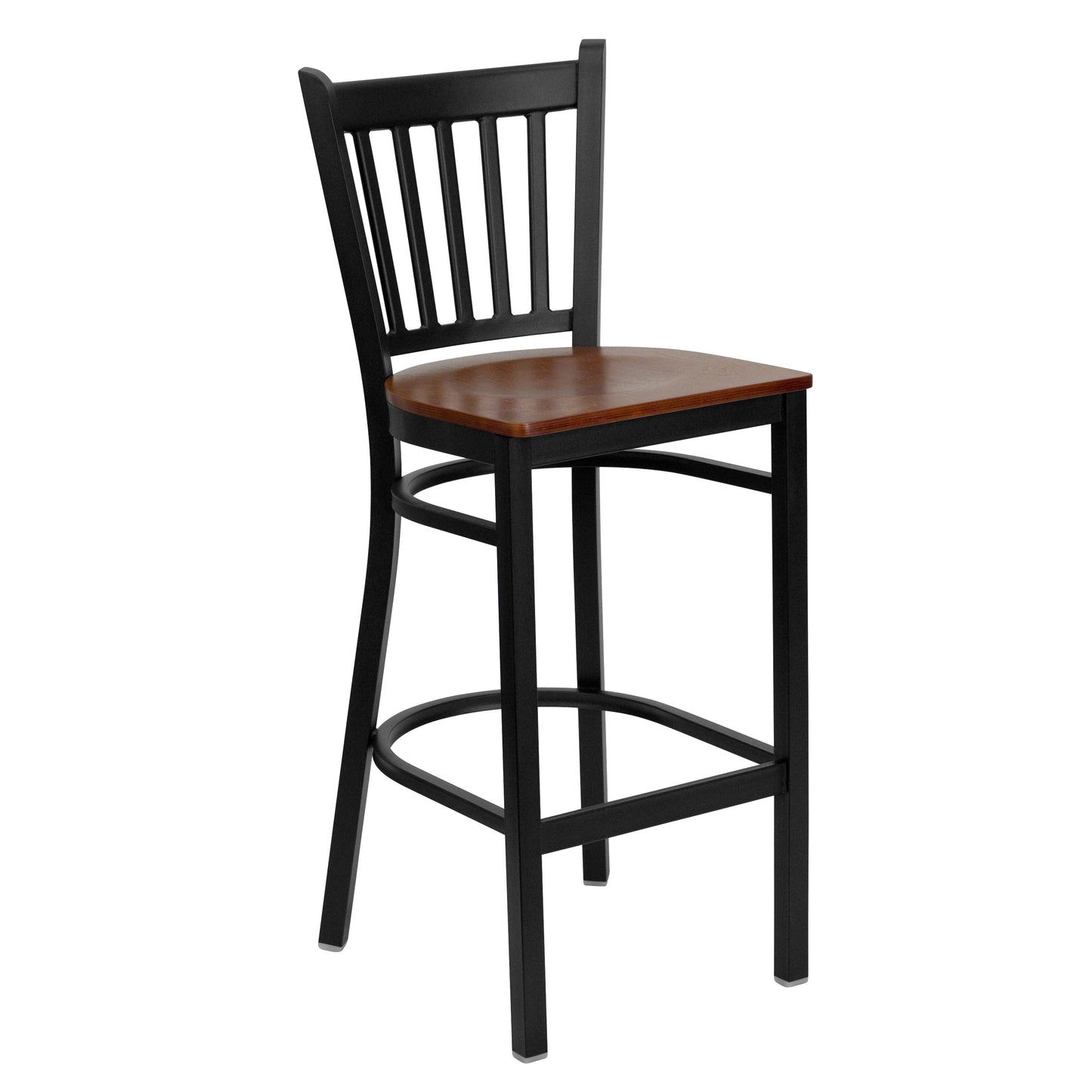 HERCULES Series Black Vertical Back Metal Restaurant Barstool - Cherry Wood Seat Cherry Wood Seat/Black Metal Frame