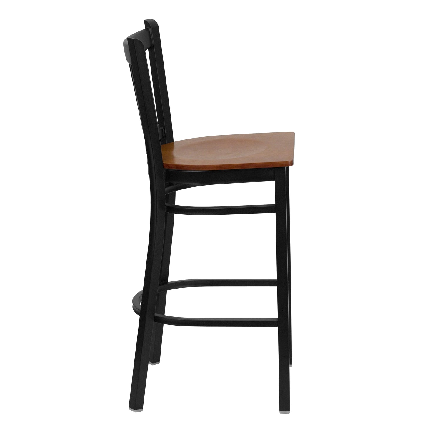 HERCULES Series Black Vertical Back Metal Restaurant Barstool - Cherry Wood Seat Cherry Wood Seat/Black Metal Frame