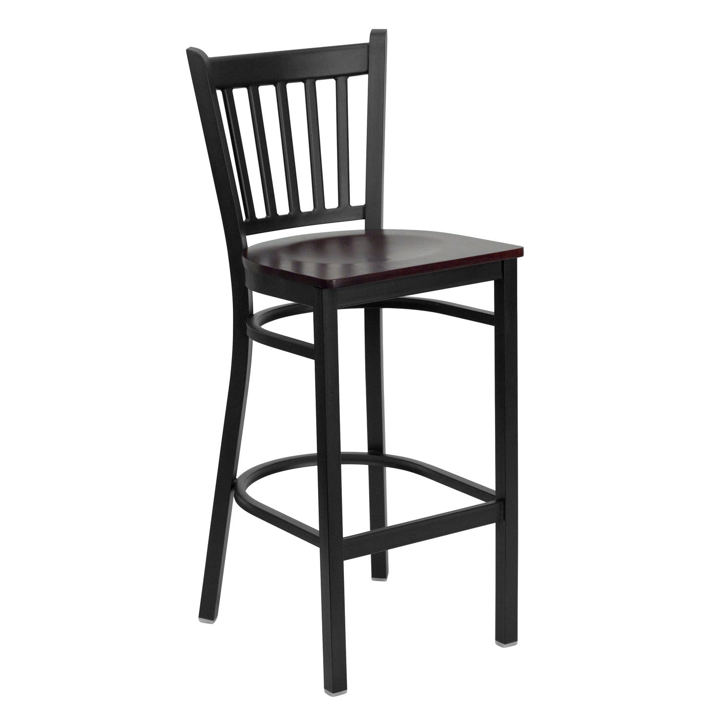 HERCULES Series Black Vertical Back Metal Restaurant Barstool - Mahogany Wood Seat Mahogany Wood Seat/Black Metal Frame