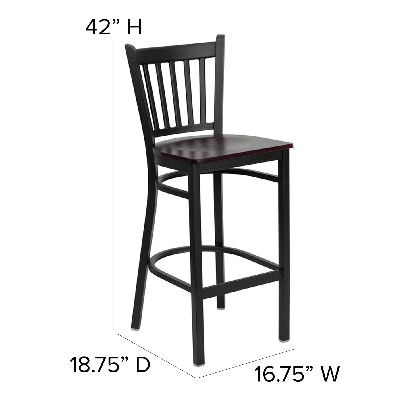 HERCULES Series Black Vertical Back Metal Restaurant Barstool - Mahogany Wood Seat Mahogany Wood Seat/Black Metal Frame