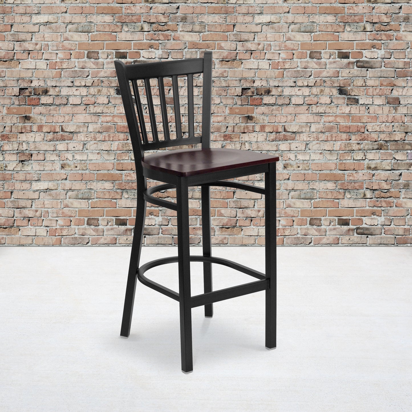 HERCULES Series Black Vertical Back Metal Restaurant Barstool - Mahogany Wood Seat Mahogany Wood Seat/Black Metal Frame