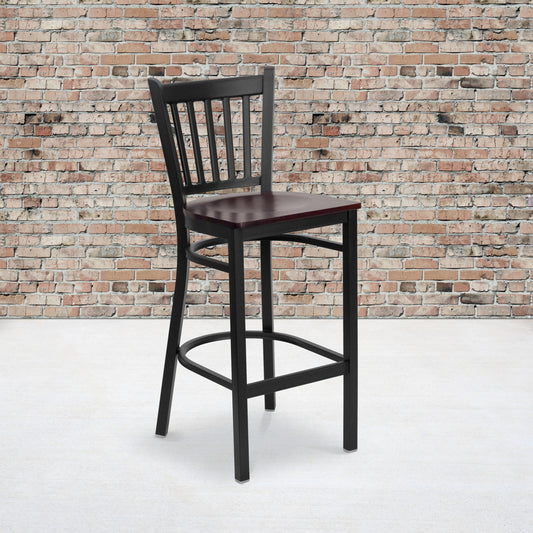 HERCULES Series Black Vertical Back Metal Restaurant Barstool - Mahogany Wood Seat Mahogany Wood Seat/Black Metal Frame