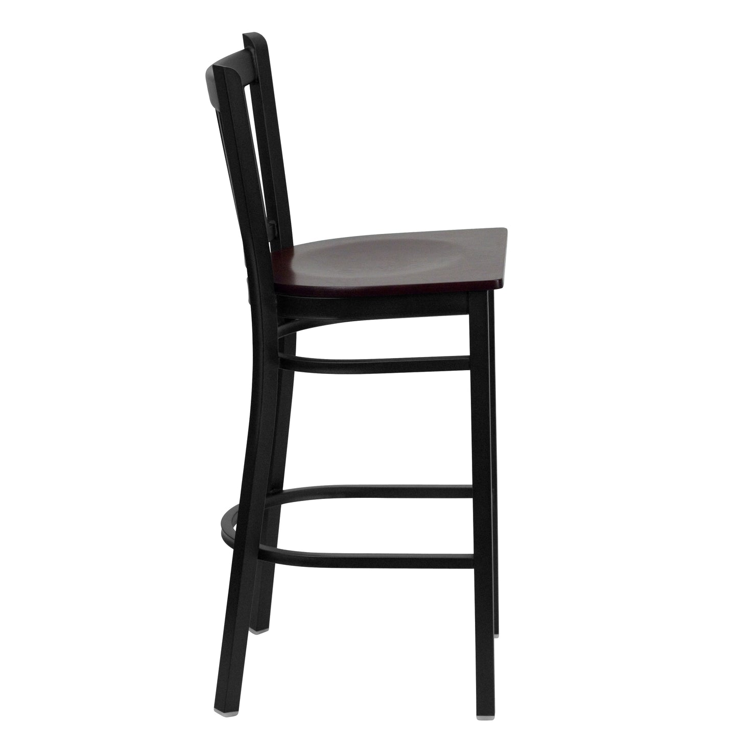 HERCULES Series Black Vertical Back Metal Restaurant Barstool - Mahogany Wood Seat Mahogany Wood Seat/Black Metal Frame