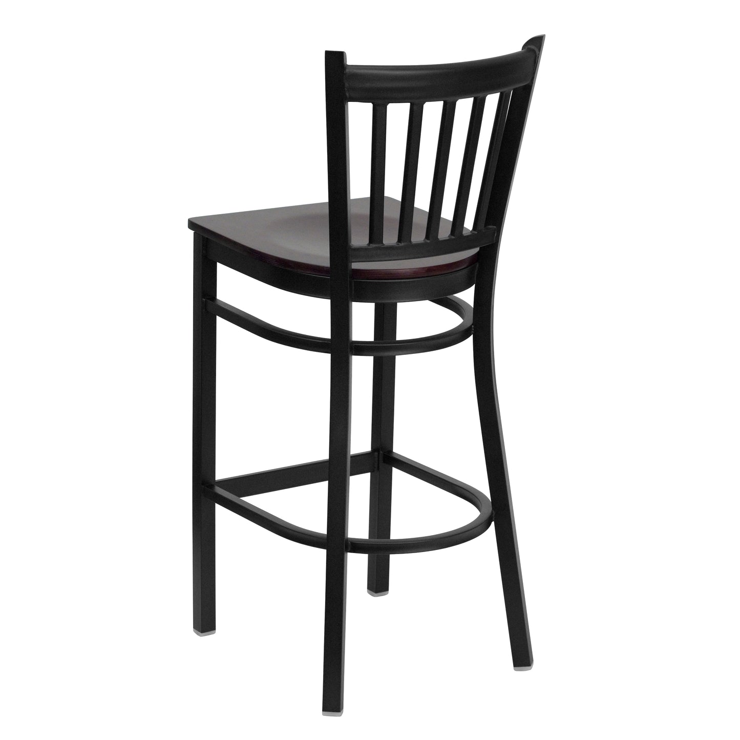 HERCULES Series Black Vertical Back Metal Restaurant Barstool - Mahogany Wood Seat Mahogany Wood Seat/Black Metal Frame