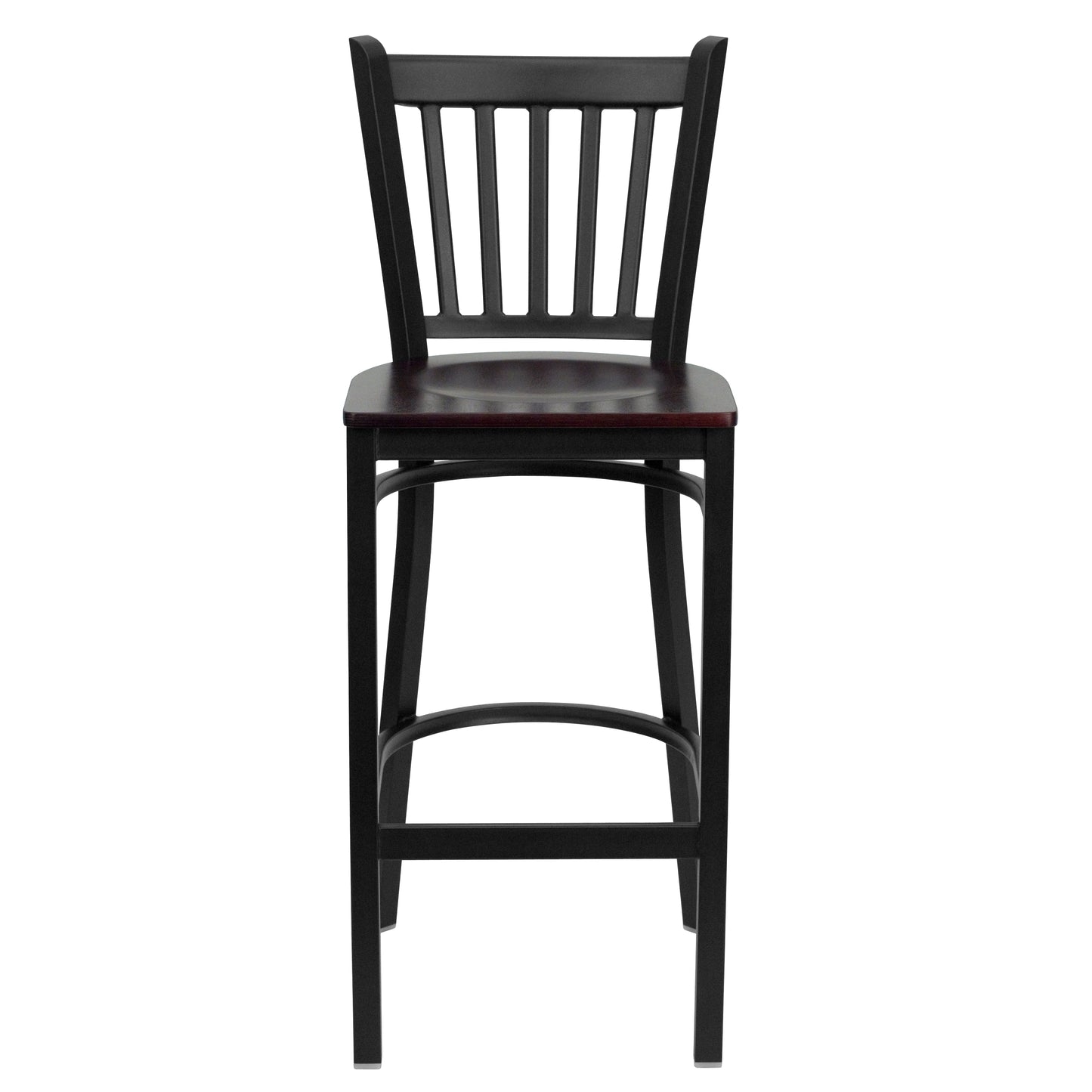 HERCULES Series Black Vertical Back Metal Restaurant Barstool - Mahogany Wood Seat Mahogany Wood Seat/Black Metal Frame